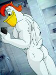 2018 anatid anseriform anthro avian beak biped bird butt cellphone digital_media_(artwork) disney duck ducktales electronics fabfelipe feathers hair hi_res holding_cellphone holding_object holding_phone holding_smartphone launchpad_mcquack looking_at_cellphone looking_at_object looking_at_phone male muscular muscular_anthro muscular_male nude_anthro nude_male orange_hair phone smartphone solo tail tail_feathers white_body white_feathers yellow_beak