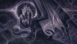  2_horns 4_fingers abstract_background ambiguous_gender back_mane black_body black_hole black_scales braided_mane claws countershade_scales countershading dragon efaru european_mythology feral fingers full-length_portrait grey_body grey_claws grey_countershading grey_horn grey_mane grey_scales grey_theme grey_wings hi_res horn mane membrane_(anatomy) membranous_wings mythological_creature mythological_scalie mythology nix_(dracoexlibris) portrait quadruped red_eyes scales scalie sitting solo three-quarter_view western_dragon wings 