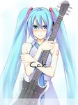  blue_eyes blue_hair blush electric_guitar frame guitar hatsune_miku highres instrument long_hair necktie rato simple_background solo twintails very_long_hair vocaloid 