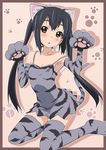  :o animal_ears animal_print arched_back armpits bare_shoulders black_hair breasts brown_eyes cat_ears cat_paws cleavage dress elbow_gloves errant gloves highres k-on! kneeling long_hair nakano_azusa paw_gloves paw_pose paw_print paws small_breasts solo strap_slip tail thighhighs tiger_print twintails zettai_ryouiki 
