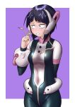  1girl audio_jack black_eyes blunt_bangs blush bodysuit boku_no_hero_academia breasts cosplay earplugs headgear highres jiro_kyoka long_earlobes multicolored_bodysuit neck_armor open_mouth pink_bodysuit purple_background purple_hair sayu_mypace short_hair smile solo uraraka_ochaco uraraka_ochaco_(cosplay) wrist_cuffs 