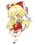  ahoge ascot blonde_hair bow chibi cosplay detached_sleeves eyebrows fang full_body hair_bow hakurei_reimu hakurei_reimu_(cosplay) kirisame_marisa long_hair meito_(maze) new_super_marisa_land sarashi skirt solo thick_eyebrows touhou 