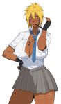  bleach blonde_hair breasts dark-skinned_female dark_skin dr_octojuice facial_mark green_eyes grey_skirt highres huge_breasts lips necktie partially_unbuttoned school_uniform skirt spiked_hair tattoo thick_thighs thighs tier_harribel 