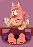 2025 5_toes akita anthro beverage bottomwear butt canid canine canis clothing conductor&#039;s_wife_(sonic) container cup domestic_dog feet female foot_focus fur furniture hi_res holding_container holding_cup holding_mug holding_object humanoid_feet kneeling long_skirt looking_at_viewer looking_back mammal mature_anthro mug pillow pink_body pink_fur plantigrade rear_view ricowolfdog sega skirt soles solo sonic_the_hedgehog_(series) spitz sweater table tea teapot the_murder_of_sonic_the_hedgehog toes topwear
