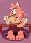 2025 5_toes akita anthro beverage bodily_fluids bottomwear butt canid canine canis clothing conductor&#039;s_wife_(sonic) container cup domestic_dog feet female foot_focus fur furniture hi_res holding_container holding_cup holding_mug holding_object humanoid_feet kneeling long_skirt looking_at_viewer looking_back mammal mature_anthro mug musk musk_clouds musky_feet pillow pink_body pink_fur plantigrade rear_view ricowolfdog sega skirt soles solo sonic_the_hedgehog_(series) spitz sweat sweater sweaty_feet table tea teapot the_murder_of_sonic_the_hedgehog toes topwear