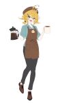  1girl :d absurdres ahoge alternate_costume apron aqua_eyes aqua_hair artist_request barista beret black_pants blonde_hair brown_apron brown_hat brown_shoes coffee cup dokibird_(vtuber) dokibird_(vtuber)_(bounty_hunter) dragoon_(dokibird) fang full_body hair_ornament hairclip hat highres holding holding_coffee_pot holding_cup indie_virtual_youtuber medium_hair mug open_mouth pants shirt shoes simple_background skin_fang sleeves_rolled_up smile solo standing striped_clothes striped_shirt untucked_shirt vertical-striped_clothes vertical-striped_shirt virtual_youtuber white_background 