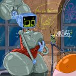 1_eye antennae_(anatomy) anthro big_butt breasts butt clothing dialogue dress female fingering hi_res humanoid japansadface jewelry karen_plankton machine male marine masturbation nickelodeon nipples non-mammal_breasts plankton_(species) red_clothing red_dress robot robot_humanoid screen screen_face sheldon_j._plankton spongebob_squarepants suzie_groove window