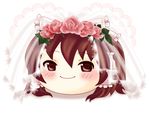  bow bridal_veil bride brown_eyes brown_hair flower hair_bow hair_flower hair_ornament hakurei_reimu heart heart-shaped_pupils no_humans pink_flower pink_rose rose short_hair smile solo symbol-shaped_pupils touhou veil yukkuri_shiteitte_ne 