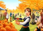  anbe_yoshirou autumn bad_id bad_pixiv_id basket blue_eyes braid crowd festival food fruit grapes hair_ornament head_wreath juggling open_mouth original pear pointing pumpkin short_hair single_braid smile solo tree 