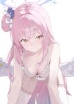  1girl absurdres all_fours blue_archive blush bra breasts crescent crescent_pin evening_rabbit feathered_wings flower hair_bun hair_flower hair_ornament halo highres lace-trimmed_bra lace-trimmed_panties lace-trimmed_thighhighs lace_trim large_breasts leaning_forward light_smile lingerie long_hair looking_at_viewer low_wings mika_(blue_archive) multicolored_halo one_side_up panties pink_hair single_side_bun solo thighhighs underwear very_long_hair white_background white_bra white_panties white_thighhighs white_wings wing_ornament wings yellow_eyes 