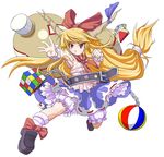  ball beachball blonde_hair bow chain food gourd hair_bow highres horns ibuki_suika long_hair low-tied_long_hair moccho object_namesake popsicle red_eyes rubik's_cube solo touhou watermelon_bar 