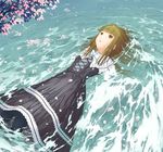  bow brown_eyes brown_hair dress long_hair lying on_back original pantyhose petals ripples solo water wet wet_clothes yamamoto_shima 