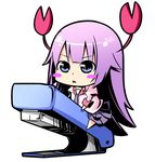  :&lt; bad_id bad_pixiv_id bakemonogatari blue_eyes blush blush_stickers chibi claws crab hajime_(kin'you_club) long_hair monogatari_(series) necktie pleated_skirt purple_hair riding school_uniform senjougahara_hitagi skirt solo stapler 