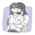  2girls bang_dream! bang_dream!_it&#039;s_mygo!!!!! blush closed_mouth criangle_k. greyscale_with_colored_background hug hug_from_behind long_hair mole mole_under_eye multiple_girls open_mouth shiina_taki shirt short_sleeves spoken_sweatdrop sweatdrop yahata_umiri yuri 