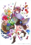 absurdres apple atelier_(series) atelier_rorona barrel blue_eyes boots bread brown_hair bug butterfly clock feathers flask flower food fruit gift hat highres holding insect jewelry kishida_mel lily_(flower) open_mouth pendant rororina_fryxell short_hair solo strawberry test_tube tulip 