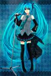  aqua_eyes aqua_hair detached_sleeves hand_on_hip hatsune_miku headset highres long_hair microphone microphone_stand necktie oblivious7 skirt solo thighhighs twintails very_long_hair vocaloid 