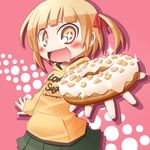  1girl brown_eyes brown_hair doughnut drooling food foreshortening marui_mitsuba mitsudomoe nanatsuta short_hair short_twintails solo twintails 