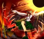  bad_id bad_pixiv_id bow breasts brown_hair cape dress hair_bow highres large_breasts long_hair molten_rock red_eyes reiuji_utsuho rikkunia rock smile solo sun touhou wings 