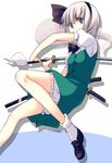  black_hairband bloomers blue_eyes bow ghost hair_bow hairband hitodama katana konpaku_youmu konpaku_youmu_(ghost) sheath short_hair silver_hair solo sword touhou underwear weapon 