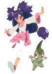  axew big_hair blue_hair dark_skin gen_5_pokemon iris_(pokemon) leggings long_hair low-tied_long_hair massala outstretched_arms pokemon pokemon_(creature) ponytail red_eyes smile spread_arms two_side_up white_legwear 