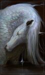 abstract_background alsares ambiguous_gender artist_name border equid equine eyelashes feral glistening glistening_body glistening_scales grey_eyes grey_inner_ear grey_nose hi_res horse hybrid iridescent_scales looking_down mammal mane marine partially_submerged portrait pose quadruped scales solo standing text water white_body white_mane white_scales
