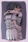  2girls arms_around_neck bang_dream! bang_dream!_it&#039;s_mygo!!!!! black_hair blue_eyes blush breath chinese_commentary commentary_request criangle_k. hanasakigawa_school_uniform hand_on_another&#039;s_waist long_hair mole mole_under_eye multiple_girls pleated_skirt purple_background purple_eyes sailor_collar school_uniform shiina_taki shirt short_sleeves skirt white_sailor_collar white_shirt white_skirt yahata_umiri yuri 