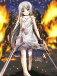  barefoot blood blood_stain bloody_clothes blush burnt_clothes dress dual_wielding fire holding katana long_hair open_mouth original red_eyes ryunnu solo strap_slip sword torn_clothes weapon white_dress white_hair 