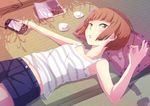  armpits ataru_(ataru_squall) bad_id bad_pixiv_id bangs blunt_bangs blush bob_cut brown_eyes brown_hair camisole flat_chest hair_tousle handheld_game_console lying navel on_back original pillow playstation_portable short_hair shorts solo striped 