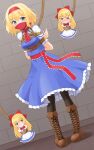  1girl alice_margatroid bdsm blonde_hair blue_dress blue_eyes bondage boots bound dress dutch_angle gag hairband highres looking_at_viewer mukanata red_hairband restrained shanghai_doll shibari solo touhou 