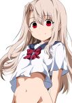  1girl absurdres blonde_hair bottomless breasts closed_mouth ears_visible_through_hair fate/kaleid_liner_prisma_illya fate/stay_night fate_(series) hair_between_eyes highres illyasviel_von_einzbern kishishi_(kishiman-ya) long_hair looking_at_viewer red_eyes sailor_collar sailor_shirt shirt sidelocks simple_background small_breasts smile solo white_background 