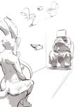 anthro barefoot biped bodily_fluids clothed clothing detailed_background duo eeveelution feet female fingers fur generation_6_pokemon humanoid male monochrome nintendo nude pokemon pokemon_(species) pseudo_clothing rear_view ribbons sitting sitting_on_toilet skeleton265 sweat sylveon tail toilet_paper