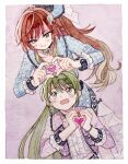  2girls :o absurdres aketa_mikoto blonde_hair blue_jacket blush border brown_hair center_frills fingernails four-finger_heart_hands frills gradient_hair green_hair heart heart_hands heart_in_heart_hands highres idolmaster idolmaster_shiny_colors jacket long_hair looking_up multicolored_hair multiple_girls nail_polish nanakusa_nichika pink_background pink_jacket ponytail shirt sisyamo_sakana smile very_long_hair white_border white_shirt 