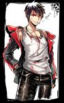  black_hair blood cigarette dante_(dmc:_devil_may_cry) devil_may_cry dmc:_devil_may_cry fingerless_gloves gloves highres jacket jewelry male_focus meme50 necklace open_clothes open_jacket red_eyes smile smoking solo vest 
