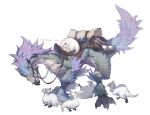 absurdres animal_focus artist_name baby_seikret_(monster_hunter) closed_mouth commentary dinosaur english_commentary feather_in_mouth feathered_dinosaur feathers full_body highres looking_at_another lying monster_hunter_(series) monster_hunter_wilds mouth_hold no_humans on_back saddle saddlebags scroll seikret_(monster_hunter) shiiorina yellow_eyes 