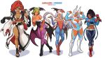  5girls :d alternate_costume animal_ears arm_across_chest arm_up armpit_peek arms_up artist_name baiken baiken_(cosplay) bare_shoulders black_boots black_choker black_sandals bleach blue_eyes blue_leotard blue_lips blue_pantyhose boku_no_hero_academia boots boxing_gloves breasts cammy_white cammy_white_(cosplay) center_opening choker cleavage cleavage_cutout clenched_hands closed_mouth clothing_cutout collarbone commentary cosplay covered_navel crop_top cropped_jacket cross-body_stretch dark-skinned_female dark_skin darkstalkers demon_wings domino_mask elbow_cutout elbow_gloves english_commentary eyepatch facial_mark facing_viewer fingerless_gloves fire_emblem fire_emblem_heroes flexing frills full_body gloves guilty_gear guilty_gear_strive hand_on_own_chest hands_up head_wings heart_cutout high_heels highleg highleg_leotard holding japanese_clothes katana knee_boots laegjarn_(fire_emblem) laevatein_(fire_emblem) large_breasts leotard lilith_(darkstalkers) lilith_(darkstalkers)_(cosplay) long_eyelashes long_hair looking_at_viewer mask meziosaur mirko morrigan_aensland morrigan_aensland_(cosplay) multiple_girls navel open_mouth pants pantyhose parted_bangs purple_pantyhose rabbit_ears rabbit_girl rabbit_tail rainbow_mika rainbow_mika_(cosplay) red_boots red_eyes red_hair sandals scar scar_on_face shihouin_yoruichi short_hair shoulder_cutout simple_background small_breasts smile solo standing street_fighter street_fighter_6 stretching sword tail tail_through_clothes the_legend_of_zelda the_legend_of_zelda:_breath_of_the_wild thick_thighs thighs tight_clothes tight_pants toned toned_female twintails urbosa very_long_hair weapon white_background white_boots white_hair wings wrestling_mask wrestling_outfit 