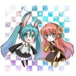  animal_ears bunny_ears checkered checkered_background chibi detached_sleeves hatsune_miku horns kemonomimi_mode long_hair megurine_luka multiple_girls necktie sheep_horns skirt thighhighs twintails very_long_hair vocaloid yunca 