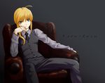  artoria_pendragon_(all) blonde_hair fate/zero fate_(series) formal green_eyes hand_on_own_cheek hand_on_own_face kanokishi_(manjushage) necktie pant_suit saber short_hair sitting solo suit waistcoat 
