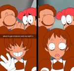  1girl 2boys big_nose blush_stickers brown_hair facial_hair father_and_daughter gloves gustavo_(pizza_tower) happy hat light_smile long_nose margherita_(mosagi) meme mosagi multiple_boys mustache original peppino_spaghetti pizza_tower selfie surprised white_gloves 
