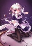  alcohol braid cup drinking_glass gloves highres izayoi_sakuya kneeling knife maid maid_headdress non-web_source one_eye_closed oversized_object pantyhose s-yin short_hair silver_hair solo touhou twin_braids white_gloves wine wine_glass 