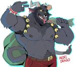 2024 abs anthro arm_tuft armpit_hair beard bell bell_harness belt biceps black_hair blue_border body_hair border bottomwear bovid bracelet caprine caprine_demon chest_hair christmas clothed clothing deltoids demon dragokunn ear_piercing elbow_tuft eyebrow_piercing facial_hair facial_piercing forked_tongue gesture goat_demon hair hand_gesture happy_trail harness hi_res holidays horn jewelry jingle_bell jingle_bell_harness krampus male mammal manly mature_male muscular navel nipple_piercing nipples nose_piercing nose_ring open_mouth pants pecs piercing pubes ring ring_piercing simple_background solo spiked_bracelet spikes tongue tongue_out topless triceps tuft v_sign white_background wrist_tuft yellow_sclera