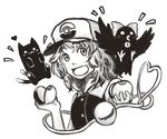  greyscale holding holding_poke_ball i-pan kaenbyou_rin kaenbyou_rin_(cat) komeiji_koishi monochrome parody poke_ball pokemon reiuji_utsuho reiuji_utsuho_(bird) sketch touhou 