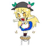  balancing blonde_hair bow bowtie braid chibi cosplay eyebrows fang food fruit full_body hair_ribbon hat hinanawi_tenshi hinanawi_tenshi_(cosplay) keystone kirisame_marisa long_hair meito_(maze) new_super_marisa_land peach ribbon solo thick_eyebrows touhou yellow_eyes 