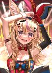  1girl absurdres ahoge animal_ear_fluff animal_ears armpits arms_up black_hair black_sleeves blonde_hair blue_shirt breasts cleavage fox_ears fox_girl gloves hair_ornament hat heart heart-shaped_pupils heart_hands highres hololive jester_cap long_hair looking_at_viewer medium_breasts omaru_polka omaru_polka_(1st_costume) open_mouth pink_hair purple_eyes red_gloves red_shirt rum_raisin_(chihiromakita19) shirt single_glove single_sleeve smile solo symbol-shaped_pupils two-tone_shirt virtual_youtuber white_wrist_cuffs wrist_cuffs x_hair_ornament 
