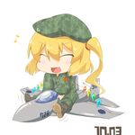  bad_id bad_pixiv_id beret blonde_hair blush camouflage_hat chibi eiri_(eirri) fang flandre_scarlet hat open_mouth side_ponytail solo touhou wings 