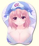  bad_id bad_pixiv_id bare_shoulders breast_mousepad breasts cleavage hat japanese_clothes kimono large_breasts mousepad off_shoulder pink_eyes pink_hair saigyouji_yuyuko short_hair solo tokoringo touhou 