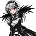  crossed_arms dress flower frills gothic_lolita hairband lolita_fashion long_hair open_mouth purple_flower purple_rose red_eyes rose rozen_maiden simple_background solo suigintou taka_(takalight) white_hair wings 