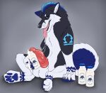  animal_genitalia animal_penis balls big_penis black_body black_fur black_nose blue_body blue_eyes blue_fur blue_hair blue_markings blue_pawpads bodily_fluids bottle canid canine canine_genitalia canine_penis container cum erection fangs feral fur genital_fluids genitals grey_background hair hi_res holding_bottle holding_container holding_object killthe_demon knot looking_at_viewer male mammal markings midas_(incubi) open_mouth pawpads penis pink_tongue red_penis saliva saliva_string semi-anthro short_hair simple_background sitting solo teeth tongue tongue_out white_balls white_body white_fur 