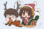  1boy 1girl :d all_fours alternate_costume animal_costume blank_eyes blush brown_eyes brown_hair chibi chibi_inset christmas commentary cropped_legs fake_antlers gift_bag gurira_(gyud0nm0rim0ri) hair_between_eyes hair_ribbon hairband hat holding holding_whip jacket kyon long_sleeves medium_hair motion_lines open_mouth orange_hairband orange_ribbon pants red_jacket red_nose red_pants reindeer_costume ribbon santa_costume santa_hat short_hair signature simple_background sitting sleigh smile suzumiya_haruhi suzumiya_haruhi_no_yuuutsu sweatdrop v-shaped_eyebrows white_background 