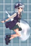  alternate_costume asymmetrical_clothes black_hairband blue_eyes bob_cut bow contemporary ghost hair_bow hairband konpaku_youmu konpaku_youmu_(ghost) necktie no_socks pleated_skirt short_hair silver_hair skirt solo touhou wristband zeku_(furrock) 