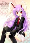  animal_ears bad_id bad_pixiv_id black_legwear blazer bunny_ears bunny_tail jacket long_hair mi-ya-co necktie panties purple_hair red_eyes red_neckwear reisen_udongein_inaba solo striped striped_panties tail thighhighs touhou underwear 